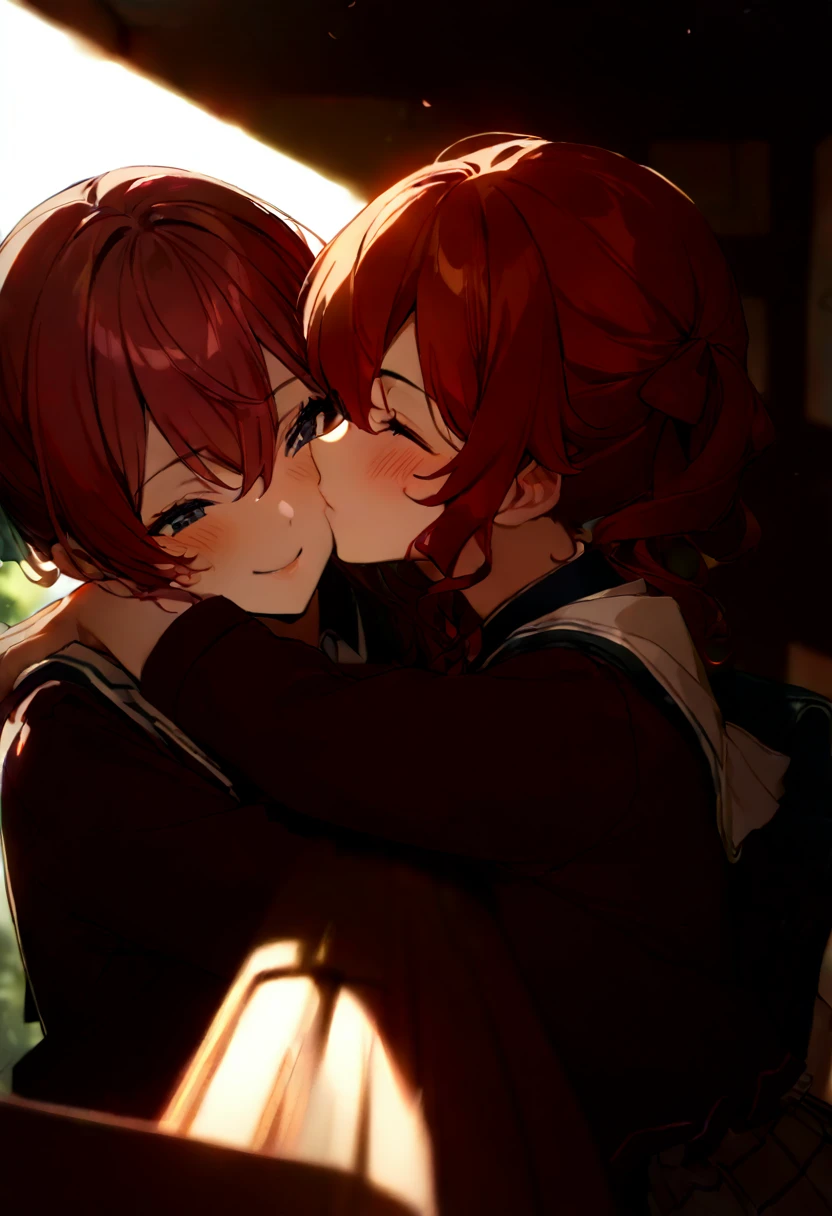 (((2girls))), together, two people, masterpiece, best quality, integrated scenery, integrated background, extremely delicate and beautiful, meticulous details, good composition, closed_eyes, cute face, perfect face, perfect hands, fingernails, sakura miko, SakuraMiko, HoshimachiSuisei, hoshimachi suisei, blurry background, sunlight, light blush, ((school)), upper body, looking each other, smile, , (hugging each other),in_school,sunlight,kissing,happiness,