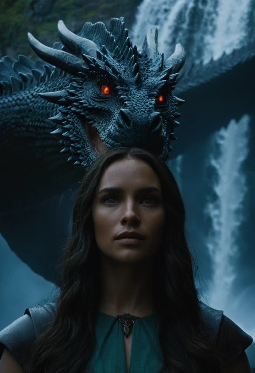 cinematic film still of Film Grain style Chiaroscuro Lighting style In medieval times, close up shot of massive Dragon' face by the waterfall, black shiny dragon, behind 1girl,outdoors,sky,scenery,1other,black theme,fantasy,dragon,riding , cinematic, film, movie still, movie style, film style, fantasy drama, epic drama, dramatic light, dramatic shadow, fictional, Age of Wonders, Age of Empires, warriors, Medieval style, middle ages, dungeons and dragons style, contrast, color, different people, different, unique, kingdoms and castles style, friendly, tame, detailed, perfection, detailed face, detailed body, detailed hands, detailed eyes, sharp, Game of Thrones style, shallow depth of field, vignette, highly detailed, high budget, bokeh, cinemascope, moody, epic, gorgeous, film grain, grainy