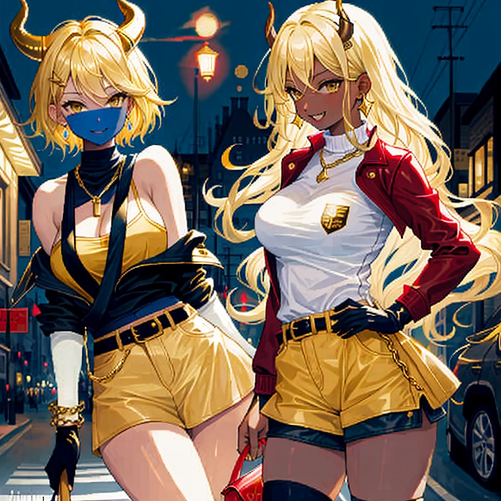 ((best quality)), ((masterpiece)), (detailed), 1girl, one girl, 8k_wallpaper, extremely detailed eyes, extremely detailed body, beautiful face, perfect face, detailed ((blonde hair)), (gold eyes), (( big blue horns)), {{dark skin}}, ({dark skinned female}), gigantic breasts, thick thighs, strong arm and leg muscles, strong abdominal muscles, Korean girl, a predatory mischievous smile with fangs, a vulgar smile, a playful look, style - a hot rock girl, a dark red open jacket with rolled up sleeves, a belt of yellow silk and gold chains, gold bracelets and leather short gloves, short denim mini shorts through which the outlines of a wet woman appear pussy, a rock guitar hanging behind his back, walking down the street of the evening city,
