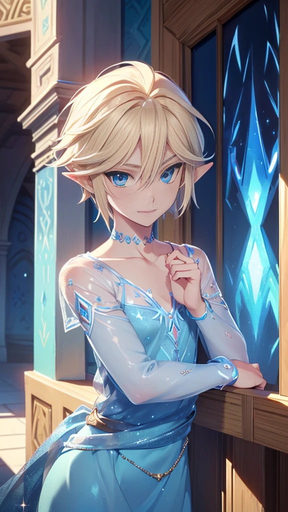 ((work of art)), (best quality), (detailed), (1 male), (link from loz), gazing at viewer, Short blonde hair, blue eyes, happy, smile, (wearing a
blue sparkling dress, see-through white sleeves, collarbone)