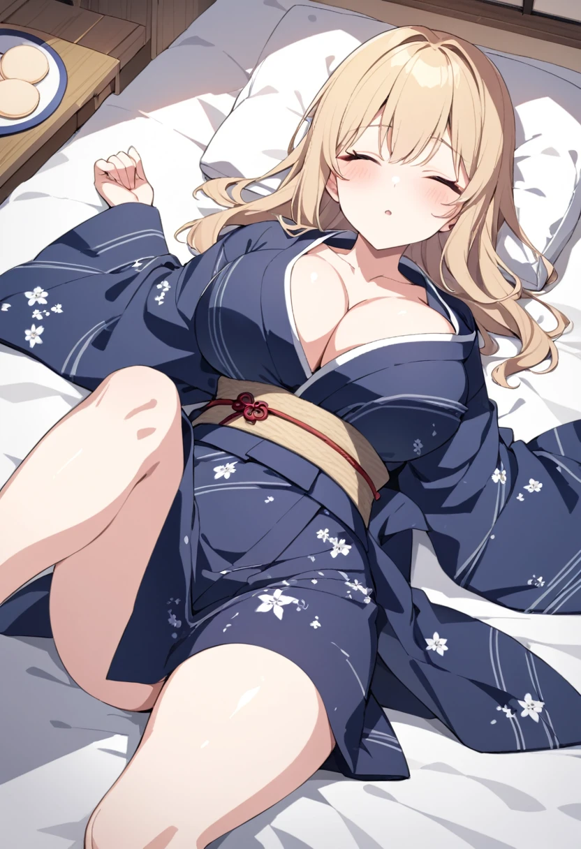 28 years old, A beautiful woman,Beautiful breasts,Cleavage,Hot spring inn,Japanese-style room,Open yukata,Bedroom,Rice cracker futon,Woman lying on her back,Sleep Style