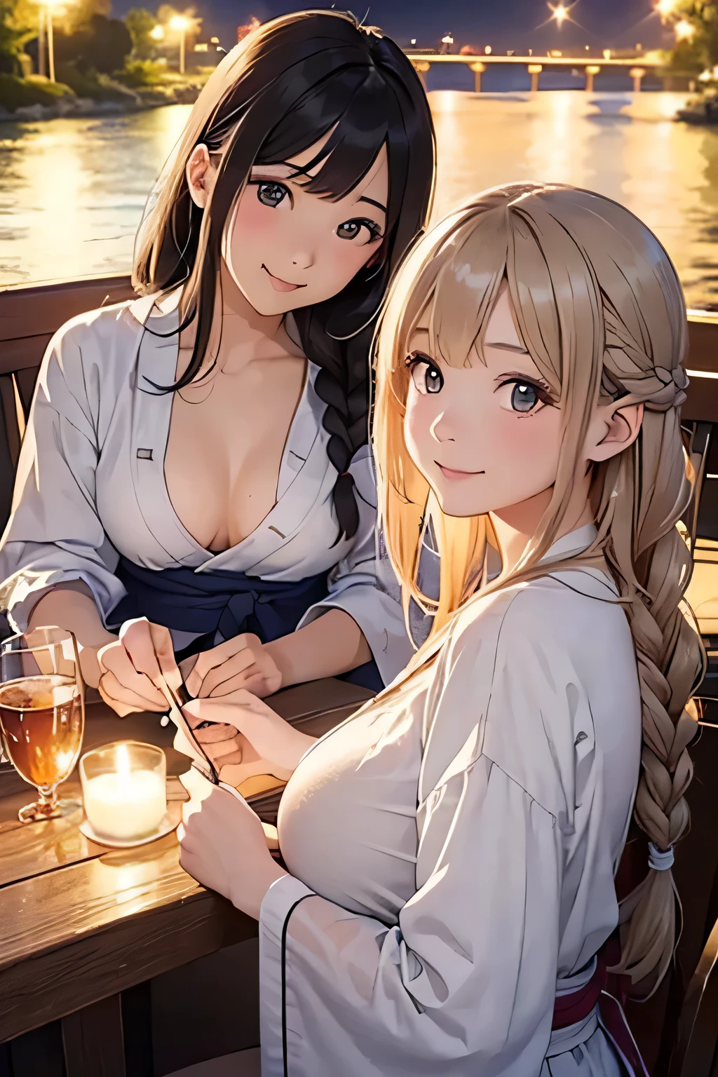 Highest quality、High resolution、Detailed Background、(Beautiful face in every detail:1.4)、Anatomically correct、Detailed facial expressions、(Detailed eyes:1.2)、age beauty、(Huge breasts:1.2)、Light color hair、Braided Ponytail、Braided bob cut、Braided Long Hair、cute gesture、Midsummer evening、summer boat、Relaxed atmosphere、Cowboy Shot、A big smile、smile、
(Two beautiful girls enjoying a date night:1.5)、
Board a summer boat moored on a deck along the river、Illuminated ship deck、Board the boat with a woman dressed in a cute yukata.、The night breeze blows pleasantly through the boat as it slowly makes its way down the river.、The shining moonlight gently illuminates the surface of the river.、Enjoy the night view along the river、cute