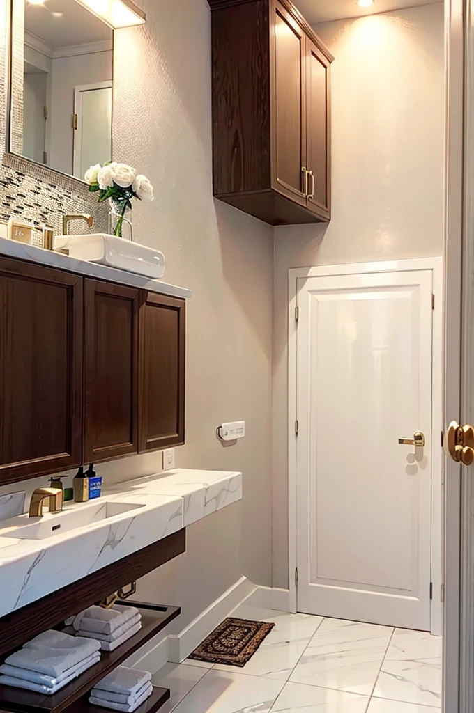 white marble bathroom, white marble, Marble wall, cabinet with towels and jars, white marble