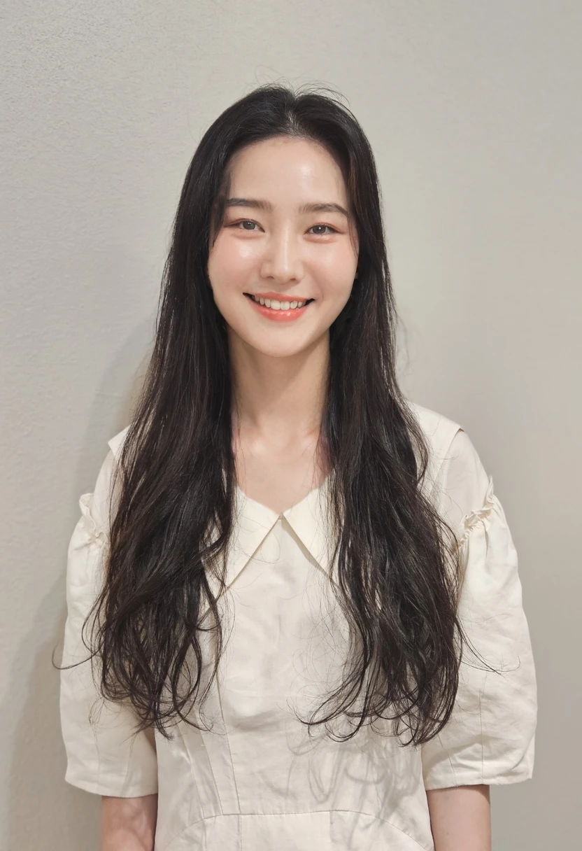 Best Quality, 8k, Masterpiece, (Portrait: 1.3), (photo realistic:1.4), (hyper realistic:1.4), Sharp Focus, looking at viewer, (smoother lighting:1.1), (increase cinematic lighting quality:0.9), realistic lighting, backlighting, light on face, ray trace, (brightening light:1.2), (Increase quality:1.4), sharp detail, (best quality real texture skin:1.4), finely detailed eyes, black_eyes, finely detailed face, 25 year old Korean woman,smiling_face