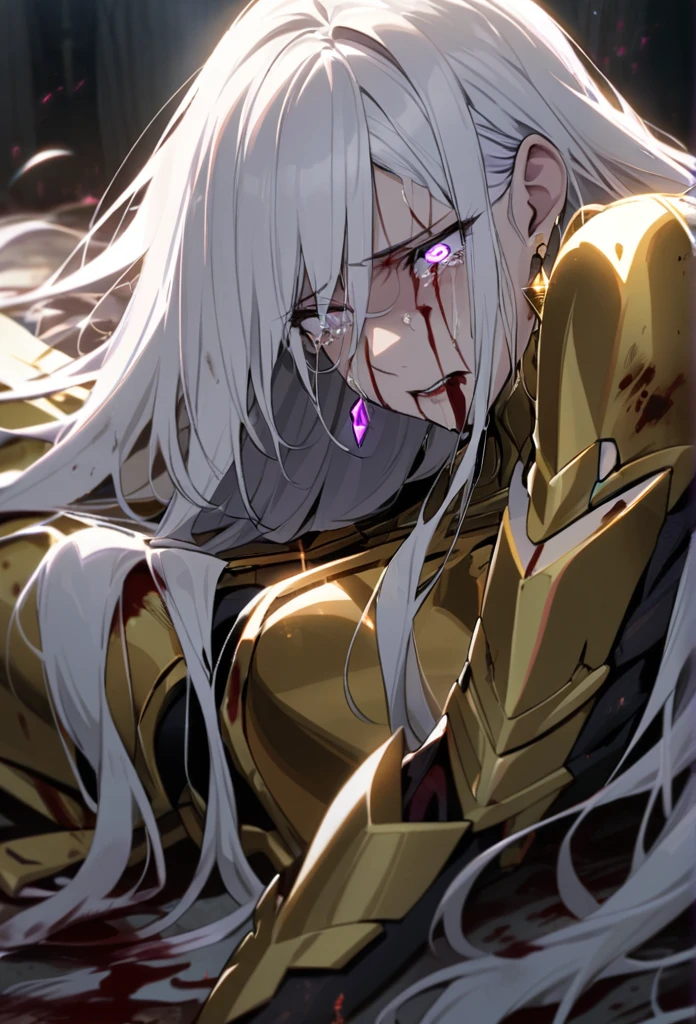 woman, blue eyes, long hair, white hair, mature, god eyes, diamond earings, glowing right eyes, two colors eyes, purple eyes, golden armor, injured, blood, dead, tears, glowing eyes
