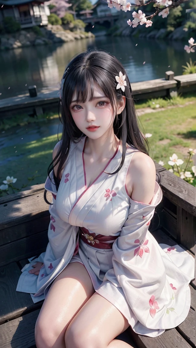 (logo、masterpiece、8k、table top、RAW photo、wonderful、最high quality、Photorealistic and hvery detailed CG integrated 8k wallpaper、high quality、very detailed、Narrative poem、particle effects、dynamic effects、written boundary depth、cinematic light、Lens flare、ray tracing)、fantasy、 (1 beautiful woman、white kimono、Japan Dress、white cherry blossom pattern、White cherry blossom embroidery pattern、black haired、beautiful face、real face、beautiful details eyes beautiful skin)、Hair flutters in Wind、hair bounces、pink cherry tree、petals dance、SakuraFubuki、wonderful scenery、sunrise、sun on background、Wind、god々、teeth、god story、vast land