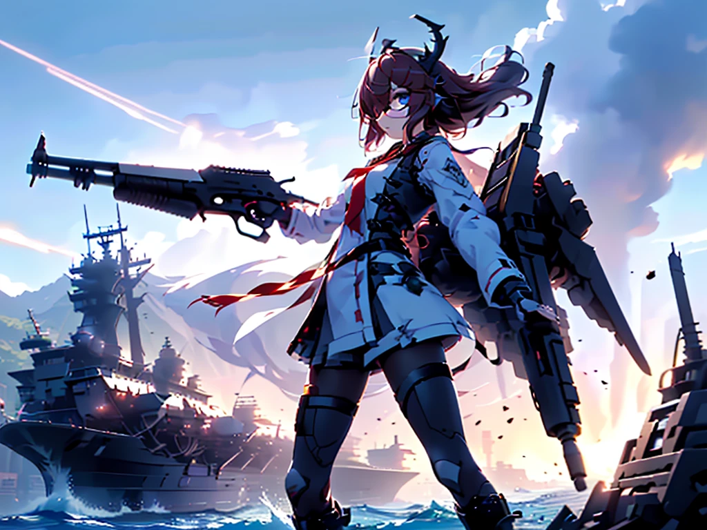 (((masterpiece, Vision))), ((((Full body of a woman with perfect flat chest、1 Female、solo、Short unkempt black hair、Tie your messy hair at the nape of your neck、white military jacket、Miko costume、black tights、Black glasses are black、White military cap、Cloudy black eyes、Confused eyes、Junyo-inspired emblem、Ship-style boots)))), (((Shipgirl))), ((Floating on the morning sea with both feet)), (Standing with your legs apart)), Aim, (Hold the shotgun turret grip with your right hand), (Four white mechanical dragons extend from its back.), (Holding a shotgun with metal tentacles), (Equipped with a bridge on the back), (His left arm holds the grip of a triple-barreled shotgun),