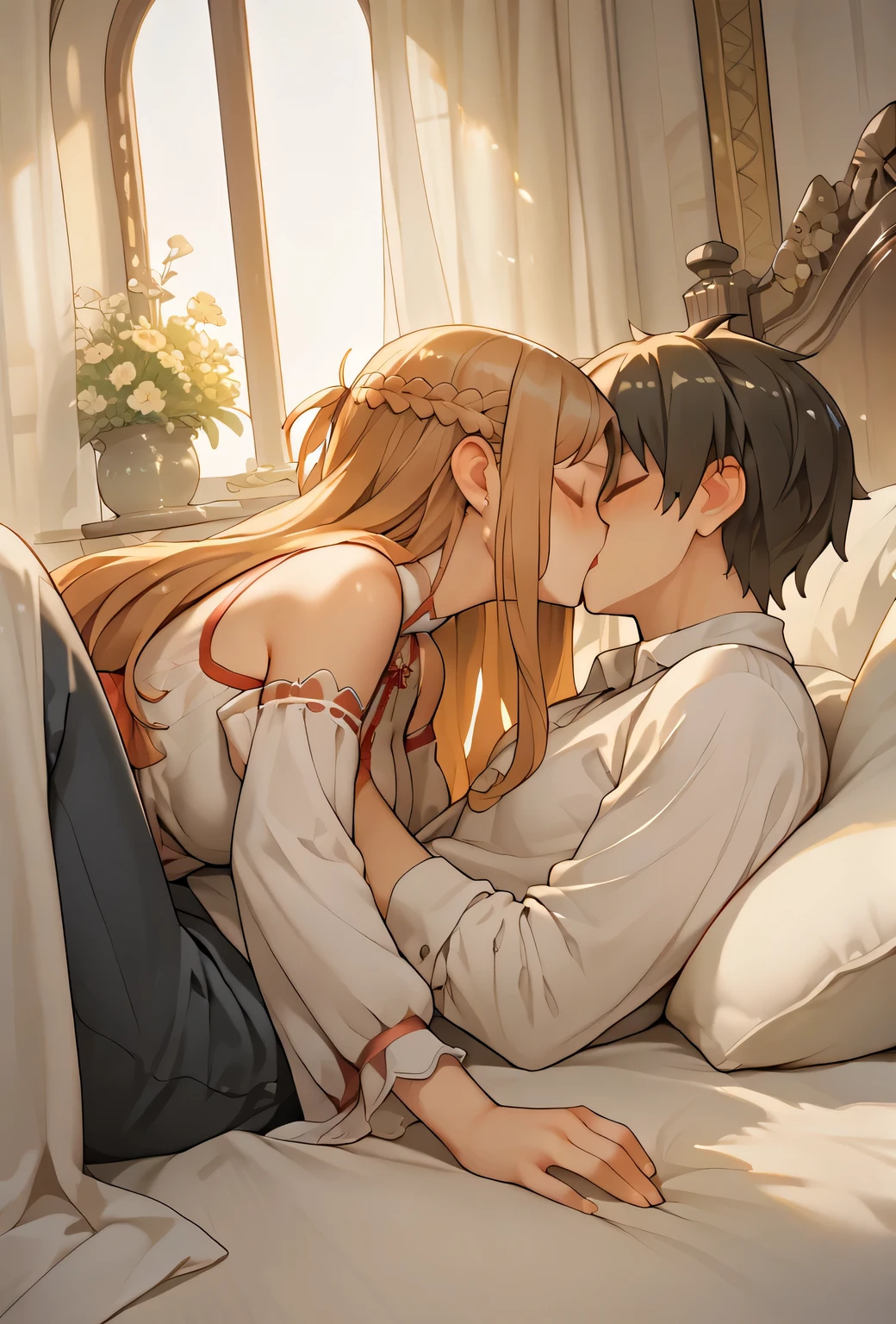 score_9, score_8_up, score_7_up, score_6_up, source_anime, masterpiece, newest,
1 girl, 1boy, Asuna Yuuki is kissing Kirito on the bed