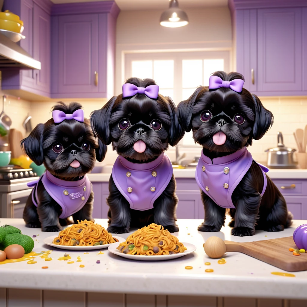 2 small adorable black shih tzu puppies, extremely detailed, wearing purple collars and aprons, playing and making a food mess in disney kitchen, 3d cartoon, 3d render, disney pixar style, cute and adorable, highly detailed, colorful, vibrant, soft lighting, warm color tones, photorealistic, 8k, best quality