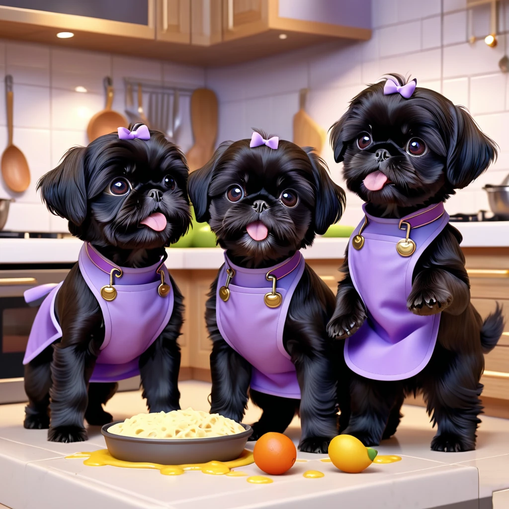 2 small adorable black shih tzu puppies, extremely detailed, wearing purple collars and aprons, playing and making a food mess in disney kitchen, 3d cartoon, 3d render, disney pixar style, cute and adorable, highly detailed, colorful, vibrant, soft lighting, warm color tones, photorealistic, 8k, best quality