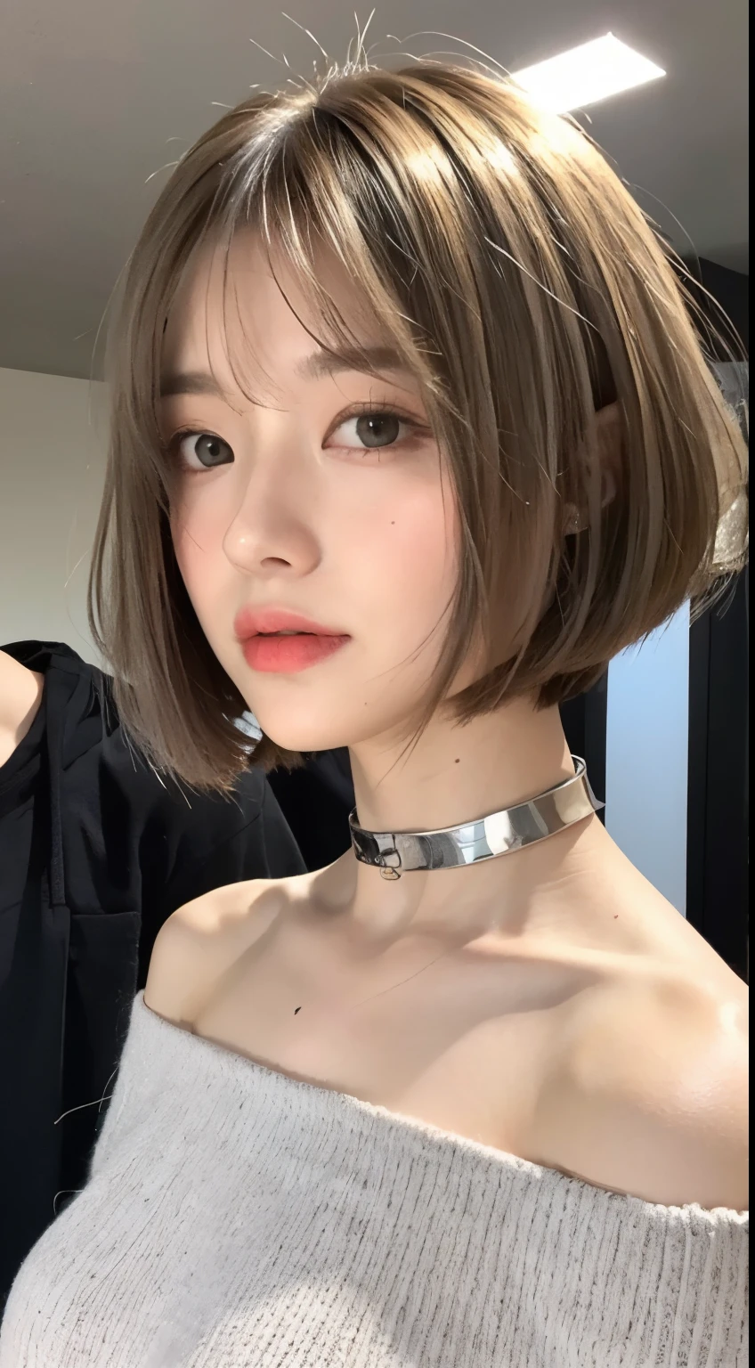((night scene、realistic light、best image quality、8K、masterpiece:1.3))、1 girl、Beauty of slim figure:1.4、(brown hair、medium breasts:1.3)、off shoulder cut top:1.3、1 Close-up of a woman wearing a white shirt and choker, girl with short gray hair, silver haired girl, gray hair color, white bangs, white french bob, white short hair, short gray hair, white bob cut hair, chrome bob haircut, silver haired girl, silvery hair, white hime cut hairstyle, silver short hair, white french bob hairstyle