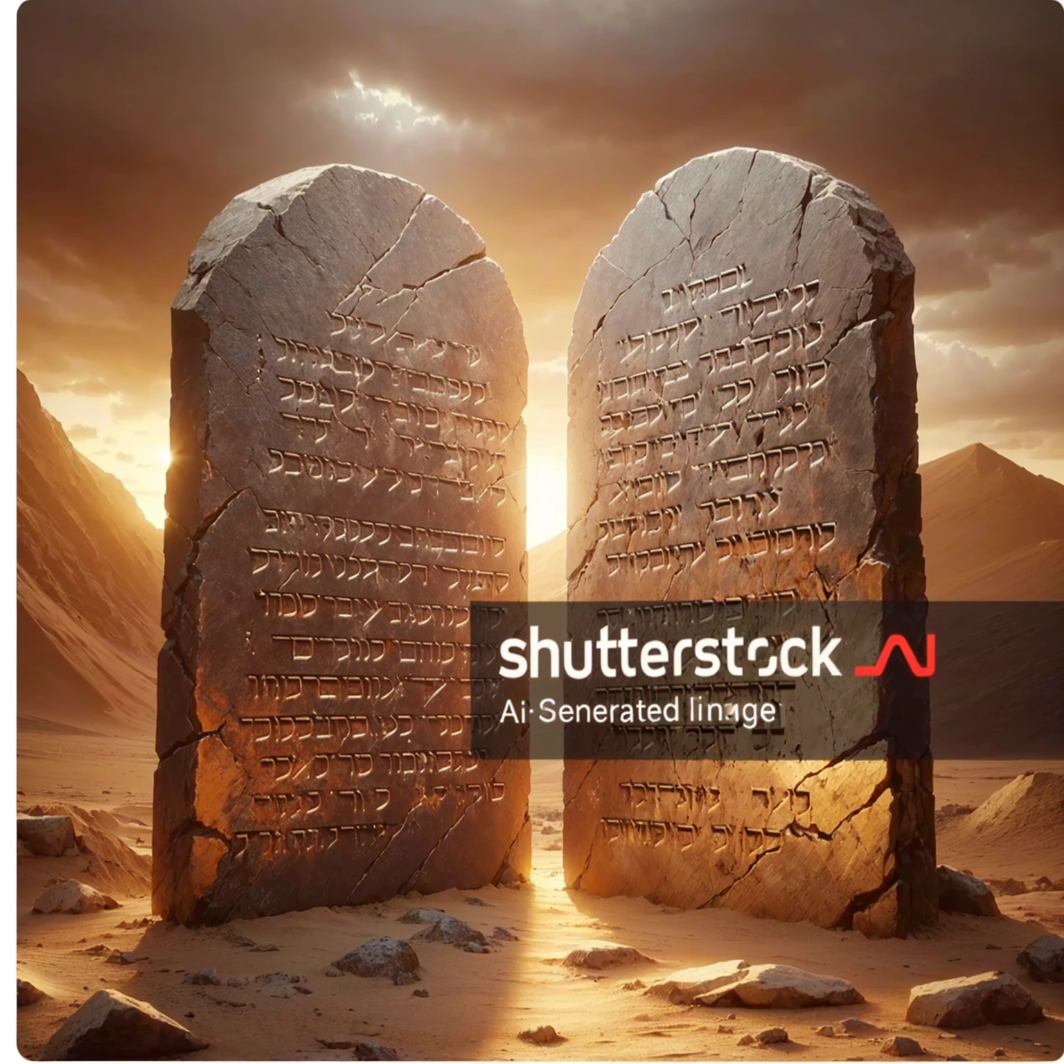 there are two stone tablets with inscriptions written on them in the desert, shutter contest winner, trending on shutter, shutter, Rapierphoto, featured on shutter, melhor em Rapier da Adobe, Rapier, pinterest and shutter, photoshot, biblical image, photostock, Shuttershock, Ancient Biblical, Adobe Stock Popular, Imagens Getty, image Bank, getTyimages Recreate this image, removing the writings 