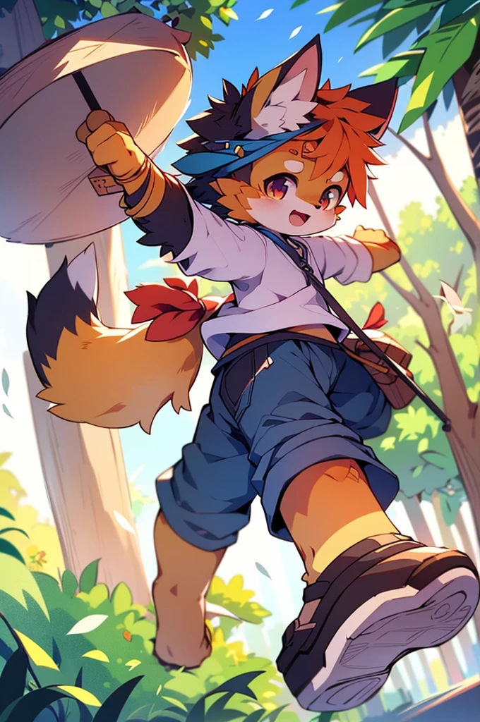 Anime-style image of a girl swinging with a cat on her head, Detailed fan art, Farson wearing stylish clothes, High quality fan art, commission high res, furaffinityのcommission, fullbody commission, Farson art, Anthropomorphic fox, Commissioned Art, Hula Infinity Commission, oc commission, Official Fan Art, commission, Farson!!!!
