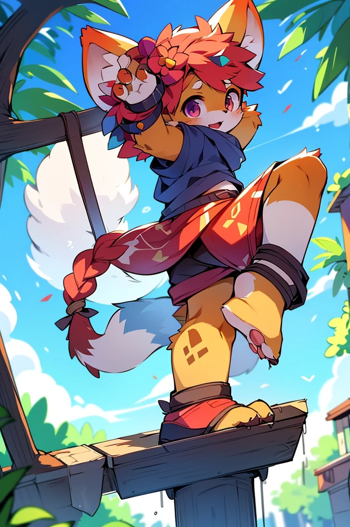 Anime-style image of a girl swinging with a cat on her head, Detailed fan art, Farson wearing stylish clothes, High quality fan art, commission high res, furaffinityのcommission, fullbody commission, Farson art, Anthropomorphic fox, Commissioned Art, Hula Infinity Commission, oc commission, Official Fan Art, commission, Farson!!!!