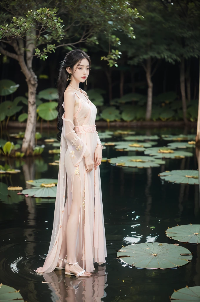 (((best quality))),(((ultra detailed))),(((masterpiece))),illustration,((1 beautiful young girl,solo)),((slim,thin)),(shoulder length straight hair:1.2),((earrings,necklace)),((small breasts,flat chest)),(see through traditional pink sheer Hanfu dress:1.3),((slender legs,loafers)),(beside the lotus pond full of lotus flowers:1.3), serene moonlight, ethereal,floral pattern, water movement, billowing fabric, tranquil,petals, fireflies, magical warm light, dreams, invitation, (standing:1.3),gazing, reflection, inner thoughts, emotional, sweet scent, natural beauty, solitude, hypnotic lull, eternal summer,(night scene:1.3), natural world, human spirit, celebration, backdrop, water, glow,(from front:1.3),(full body:1.3)