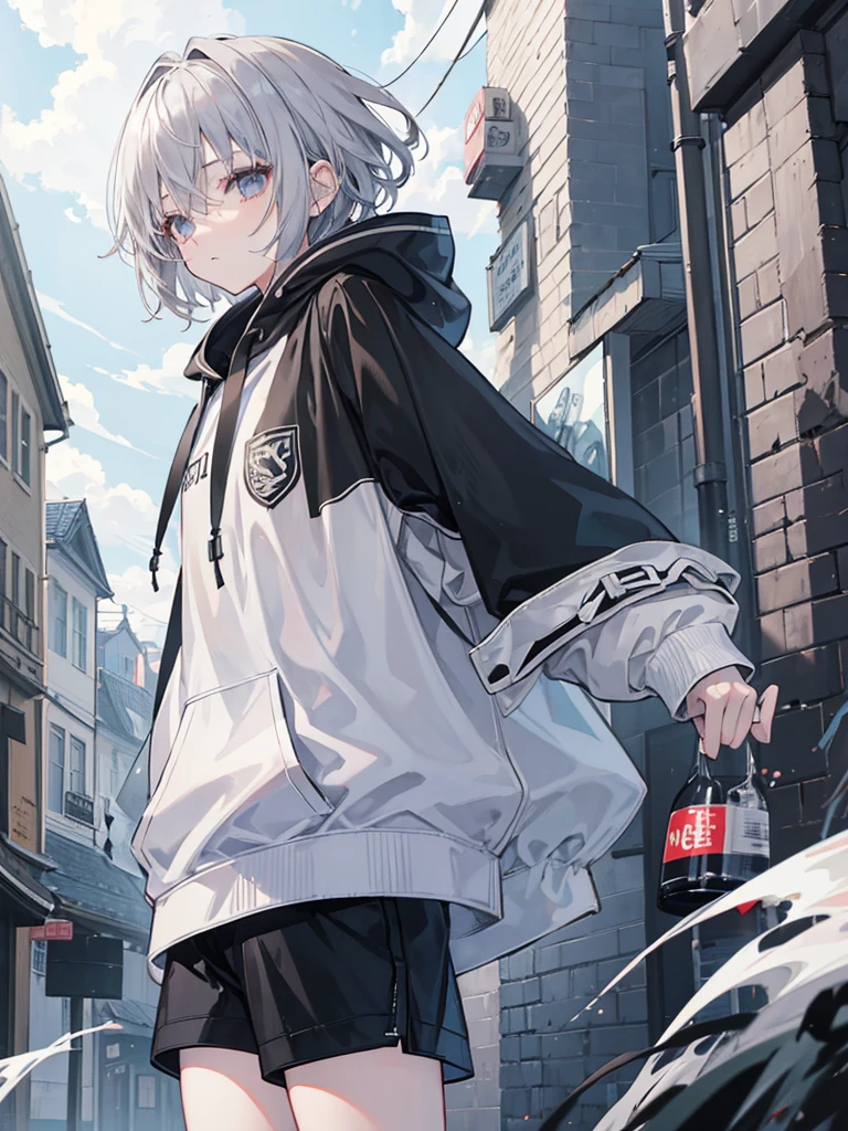 A little dark anime style、Gray Hair、Wavy short hair、10th Generation、Slightly cloudy eyes、Sadness face、White hoodie、Black jacket and black shorts、A simple townscape in the morning、The whole picture is visible