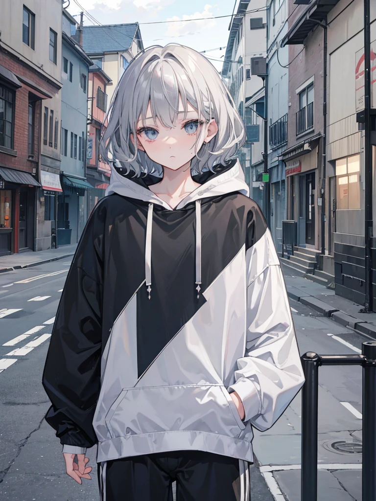 A little dark anime style、Gray Hair、Wavy short hair、10th Generation、Slightly cloudy eyes、Sadness face、White hoodie、Black jacket and black shorts、A simple townscape in the morning、The whole picture is visible