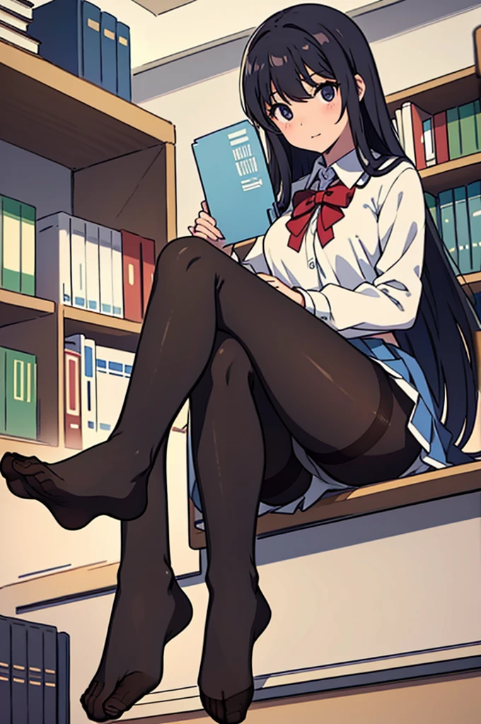 Sitting,Pantyhose,high school girl,library,Zoom on the soles of bare feet after removing shoes,Angle from below