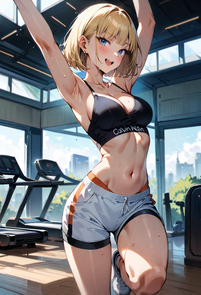 (masterpiece, best quality:1.2),1girl, (solo), Android 18 from Dragon Ball, ((CALVIN KLEIN bras CALVIN KLEIN shorts)), gray wear, medium breasts, blunt bangs, blonde short hair, black eyes, earrings on earlobes, slim, slender feminine figure, skinny body, blush, magnificent view, blur background, 8K, collarbone, sky, sunny, thigh gap, full body, smile, sweat, open mouth, arms up, gym, dancing, knee up,