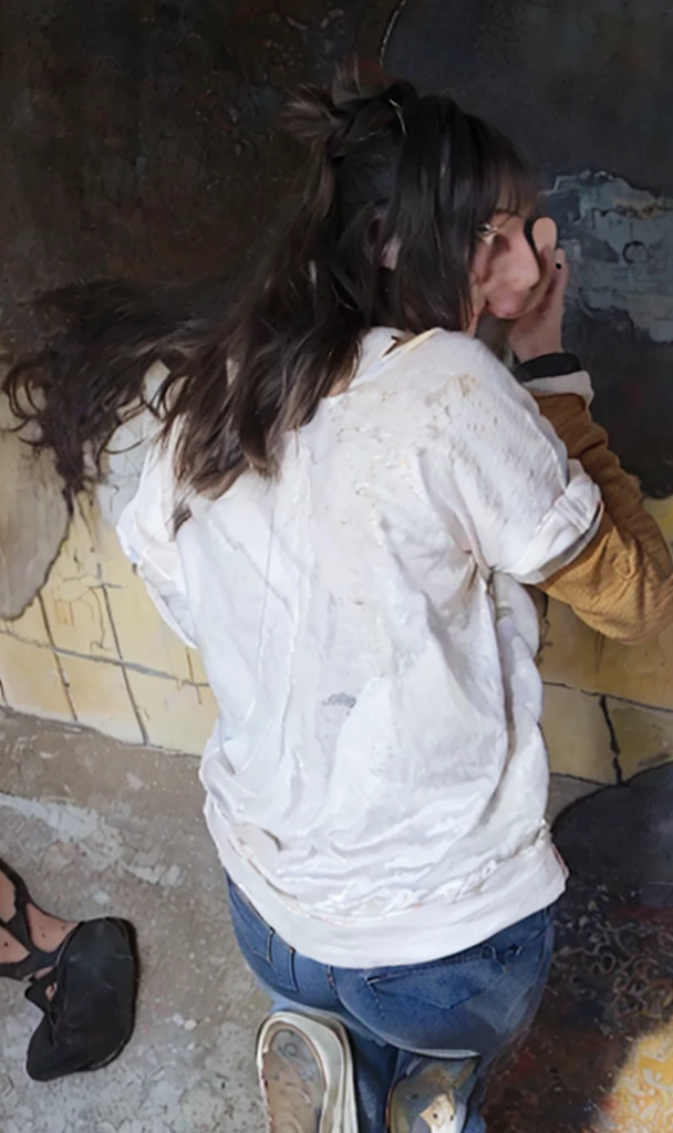 1girl, (fart, farting, yellow gas, arm support, back, bangs, bigfart, masterpiece, best quality, hair bun, in museum, naughty face, smile, blush, looking at viewer, from behind, short hair with long locks, white hairband, off shoulder, red sweater, long sleeves, (jeans:1.1), (art by carl holsoe:1.2)