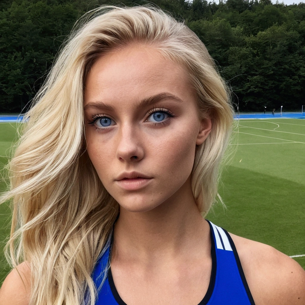 influenceur Instagram féminin norvégienne blonde avec des yeux bleus réaliste. Meilleure qualité 1 fille fait du sport en extérieure. On voit son corps en entier. Elle porte une tenue de sport noire. Elle est prise en photo de profil