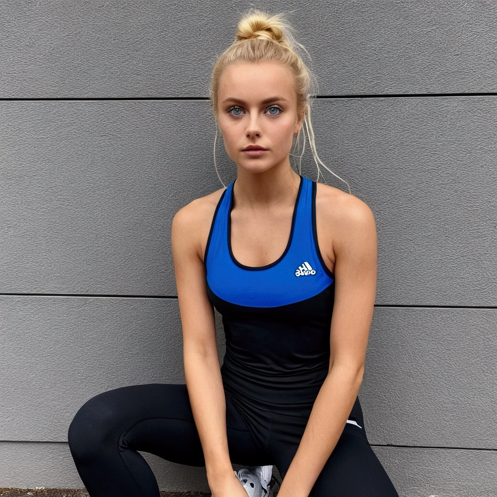 influenceur Instagram féminin norvégienne blonde avec des yeux bleus réaliste. Meilleure qualité 1 fille fait du sport en extérieure. On voit son corps en entier. Elle porte une tenue de sport noire. Elle est prise en photo de profil