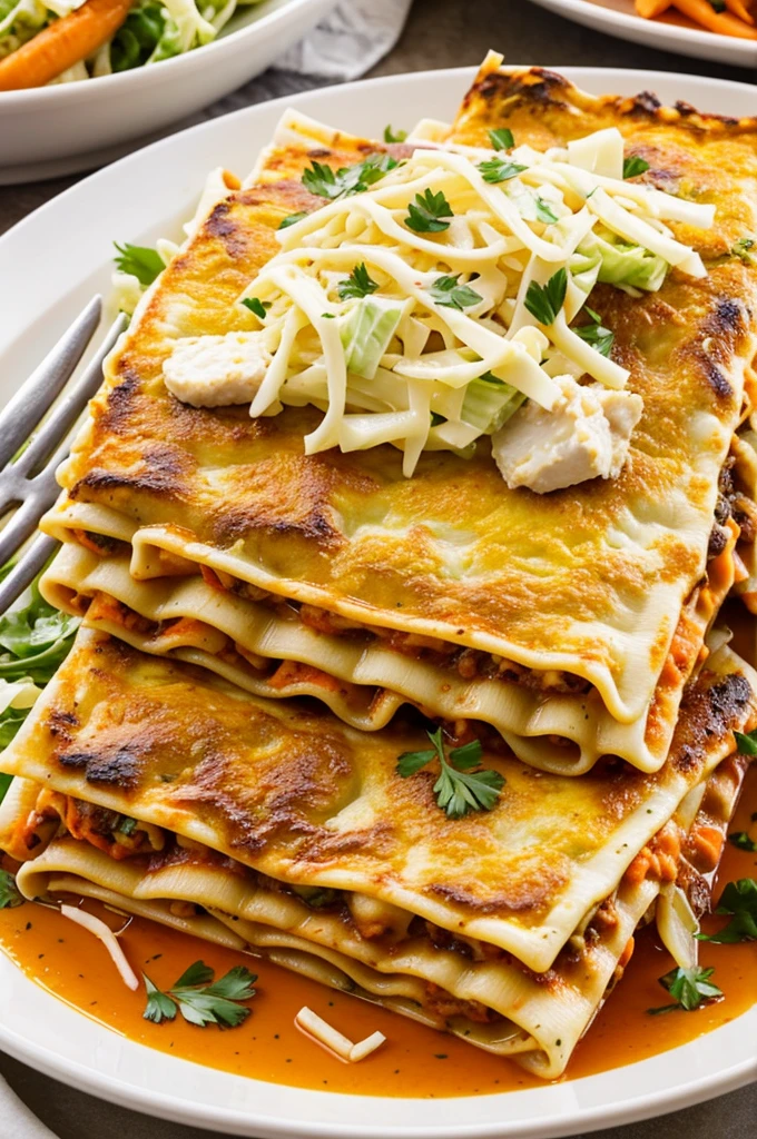 A dish that has a portion of lasagna accompanied by slices of garlic bread and a carrot and cabbage salad