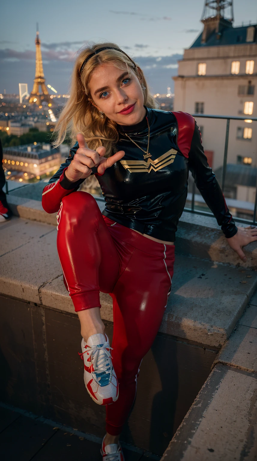 Masterpiece, Best quality, (solo girl), (close portrait), (photorealistic1.4), (epiCRealLife), (flashphoto), (UHD), (young woman), (blonde hair), (blue eyes), (Wondergirl_YJ latex black armor costume), (Wondergirl_YJ black hairband) (long red Wondergirl_YJ sweat pants), (Wondergirl_YJ black costume) (, (outdoor ), (Eifel Tower), (red Adidas jogging pants), (Kiernan Shipka smile),(sks woman), (on Paris rooftop), (flying poses)