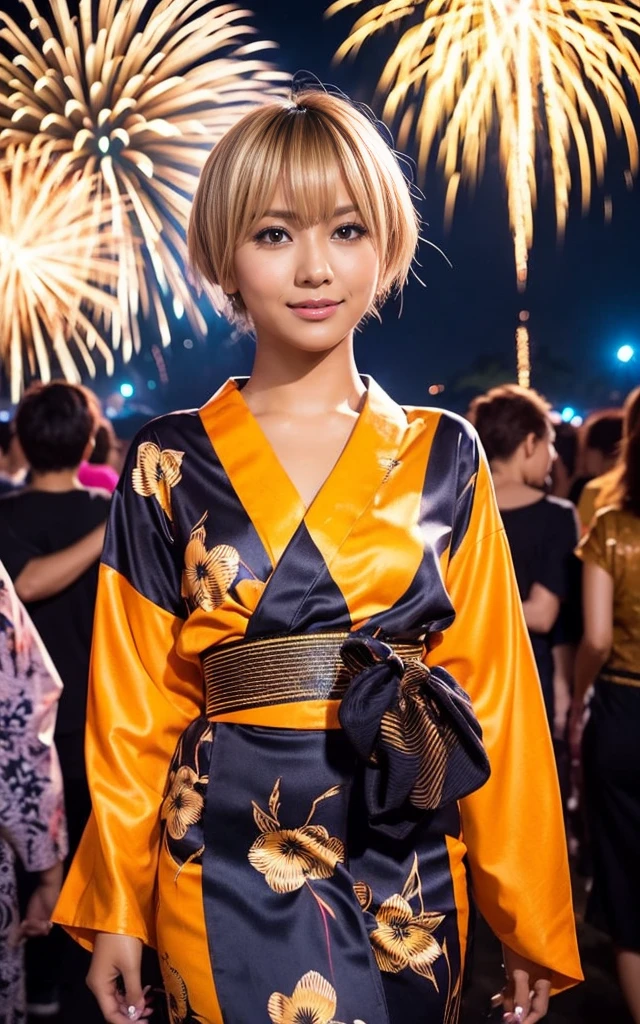 gyaru, dark-skinned, shiny oiled skin, blond hair, short cut hair, wearing vivid yukata, walking in crowd, dark-night, deep fog, orange lanthanum light, Fireworks Festival Venue, Fireworks in the background, cinematic lighting