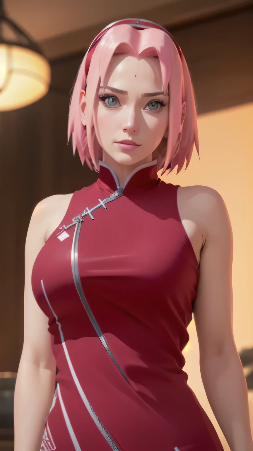 Top quality, 8k, 32k, Masterpiece, photorealistic, realistic, (photorealistic:1,4), solo, slight smile, dramatic lighting, professional makeup, breasts, (natural big breasts: 1.3), (seductive), Sexy, beautiful white face shining, beautiful face, pink cheeks, beautiful lips, porcelain skin, detail intricate, super detailed, super high, highest detailed, high detailed, delicate, incredible detailed, fine detailed, cinematic lighting, top quality, smooth and beautiful, CG, unity, 8k wallpaper, Stunning, fine detail, unity CG wallpaper 8k ultra-detailed, large file size, ultra-detailed, high resolution, incredible detail, stunning detail, depth of field, sakura haruno, sakura outfit, red qipao dress sleeveless slits along the sides accompanied by a zipper and white circular designs, diamond tattoo at the forehead, pink iris, pink hair, bangs hair, red cloth Headband with Naruto Leaf Village Logo steel plate, NSFW, cowboy shots.