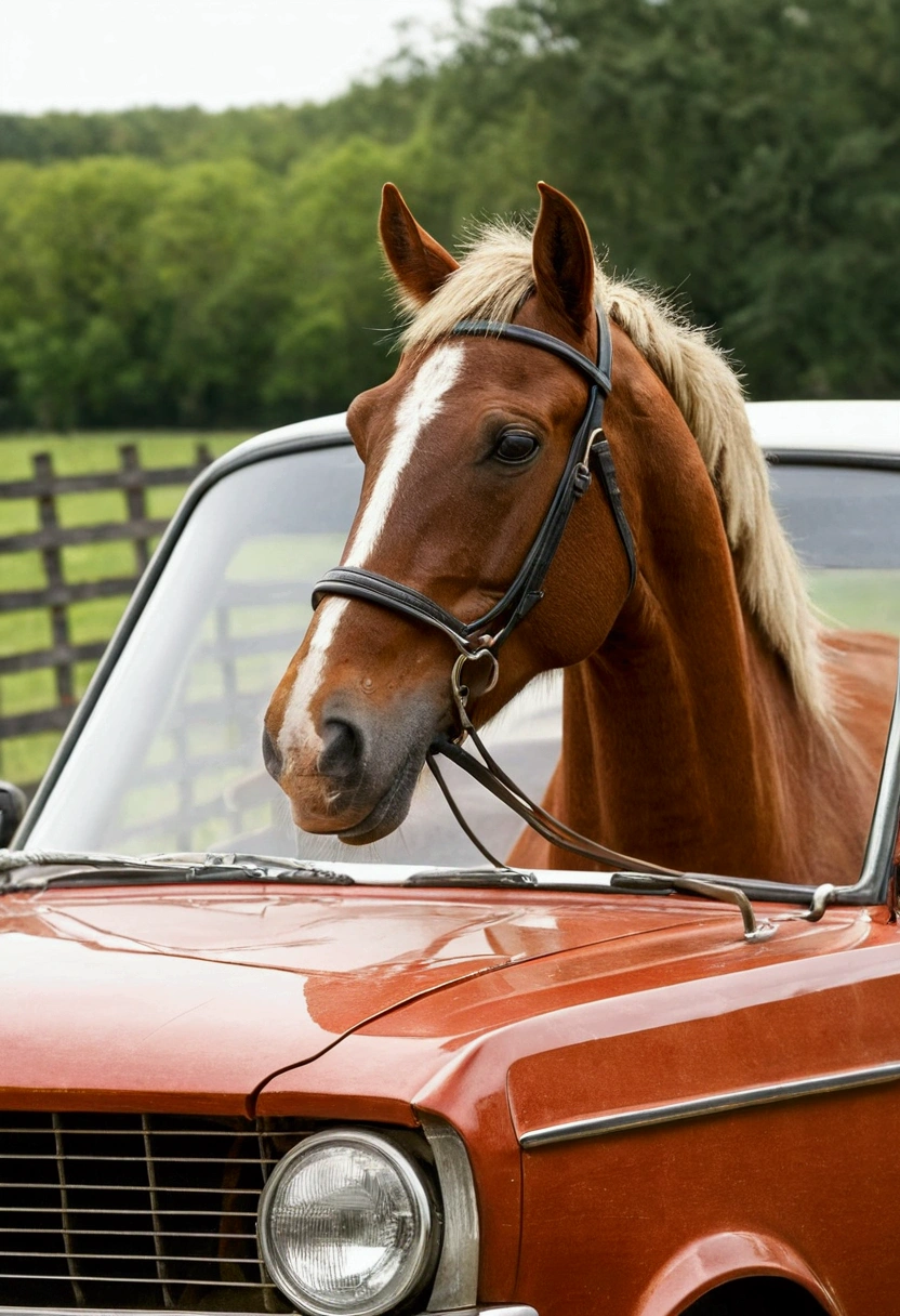 Horse driving a car