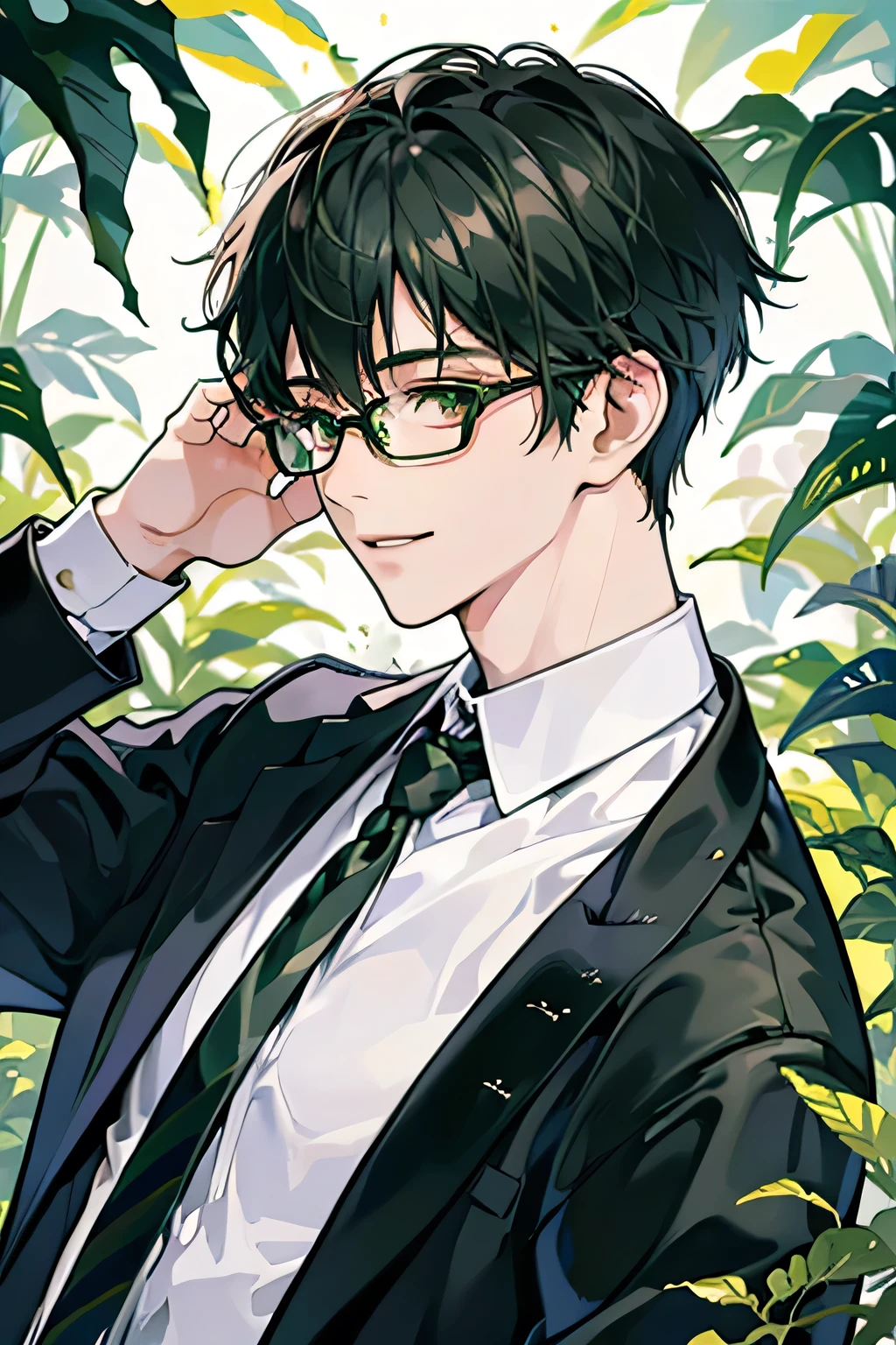 Japanese, male, 20th Generation, Boy with glasses, Sunburn, refreshing, high resolution, Highest quality,shirt,green and black striped tie,smile,Handsome,Large black-rimmed glasses,My hair is a little long