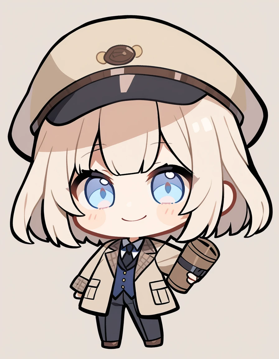 One girl, Beige hair、long、Bangs、Detective Suit、chibi,Light blue eyes、simple background、Smile、Newsboy hat