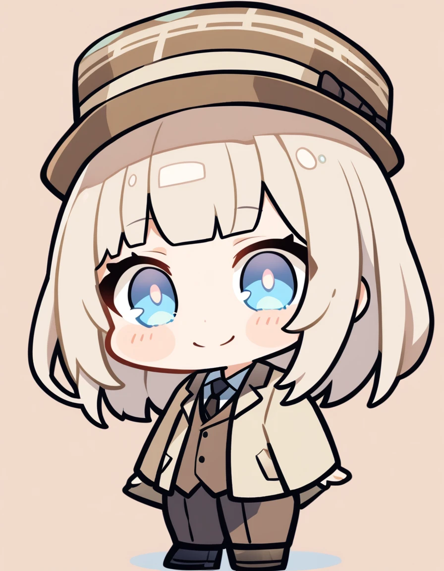 One girl, Beige hair、long、Bangs、Detective Suit、chibi,Light blue eyes、simple background、Smile、Newsboy hat