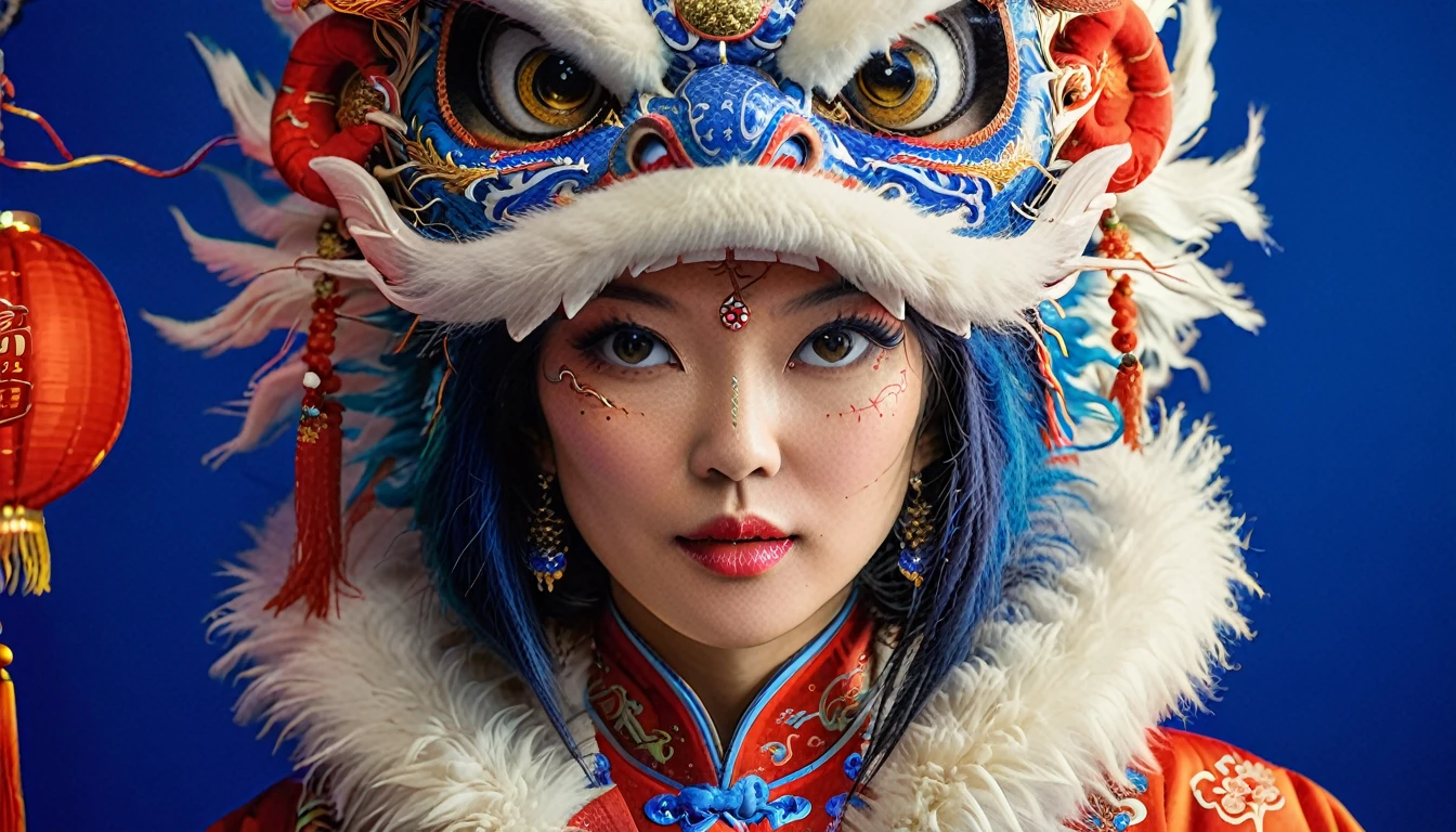 photograph, Phase One XF IQ4 150MP, Contemporary Female Lycanthrope, wearing Traditional Chinese Garb and a Dragon Mask with Fur and Corduroy images, deep indigo hair, Energetic, Neon Light, Selective focus