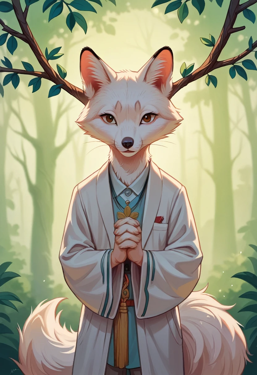 a young girl, kitsune, ((1 white fluffy tail)), stand, standing sideways to the viewer, head turned to the viewer, hands folded together, branches of a white tree nearby drawn with ink, masterpiece, professional artist, detailed, high resolution,  cinematic, cinematic lighting, ((harmony)), artist: ke-ta, dfer32, asanagi, 