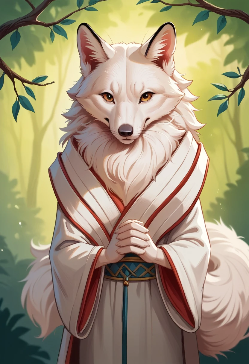 a young girl, kitsune, ((1 white fluffy tail)), stand, standing sideways to the viewer, head turned to the viewer, hands folded together, branches of a white tree nearby drawn with ink, masterpiece, professional artist, detailed, high resolution,  cinematic, cinematic lighting, ((harmony)), artist: ke-ta, dfer32, asanagi, 