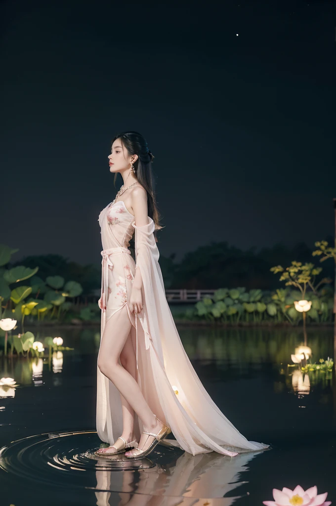 (((best quality))),(((ultra detailed))),(((masterpiece))),illustration,((1 beautiful young  girl,solo)),((slim,thin)),(shoulder length straight hair:1.2),((earrings,necklace)),((small breasts,flat chest)),(see through traditional pink sheer Hanfu dress:1.3),((slender legs,loafers)),(beside the lotus pond full of lotus flowers:1.3), serene moonlight, ethereal,floral pattern, water movement, billowing fabric, tranquil,petals, fireflies, magical warm light, dreams, invitation, (standing:1.3),gazing, reflection, inner thoughts, emotional, sweet scent, natural beauty, solitude, hypnotic lull, eternal summer,(night scene:1.3), natural world, human spirit, celebration, backdrop, water, glow,(from front:1.5),(full body:1.5)