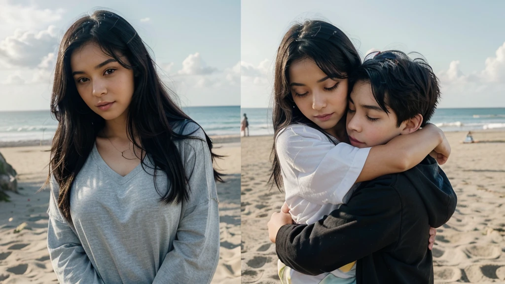 prompt gorgeous 19 y.o. girl,gorgeous girl, score_9,score_8_up,score_7_up,source_anime,masterpiece,best quality, ((black hair)),make up, opened eyes, black eyes,full clothing,a woman with her son,((woman hugging son,1 kid,)),duo,realistic skin,realistic,kid,at the beach,wearing beach clothes