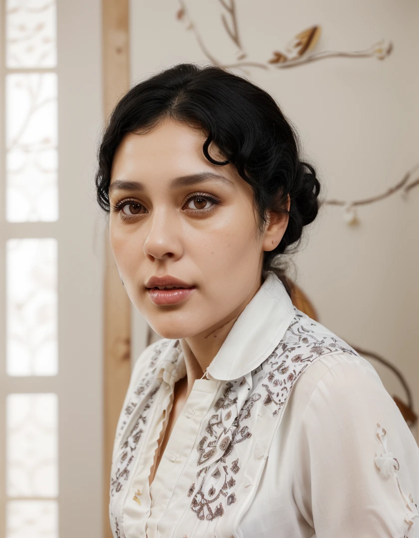 a woman with neat, finely detailed slightly curly black hair and almond-shaped eyes. She wore a white blouse with a traditional, realistic and highly detailed patterned collar