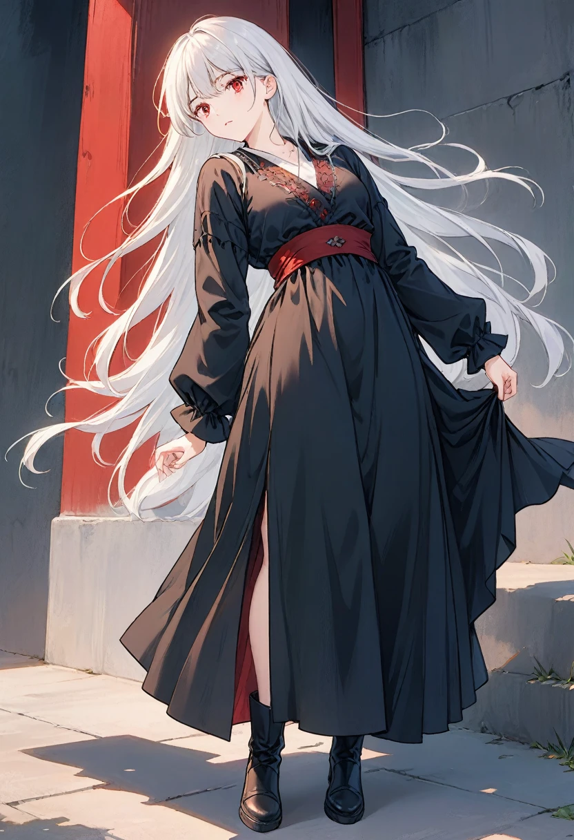 Girl, 20 years old, with long white hair down to below her waist, a serious yet tender expression, and red eyes. Her hair features black streaks. She wears antique-style clothing, a long black dress with a slit on the legs, and high black boots that almost reach her knees. Her power and background are related to shadows and darkness.