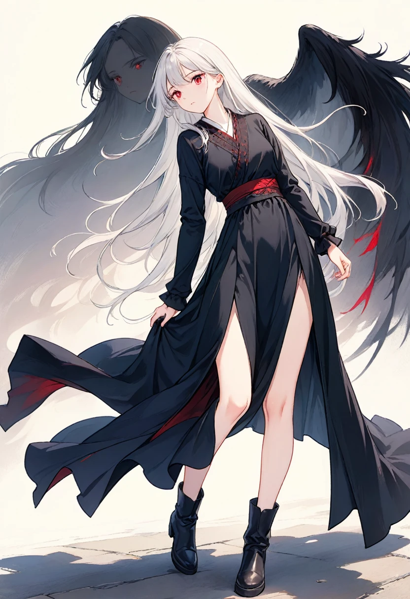 Girl, 20 years old, with long white hair down to below her waist, a serious yet tender expression, and red eyes. Her hair features black streaks. She wears antique-style clothing, a long black dress with a slit on the legs, and high black boots that almost reach her knees. Her power and background are related to shadows and darkness. 