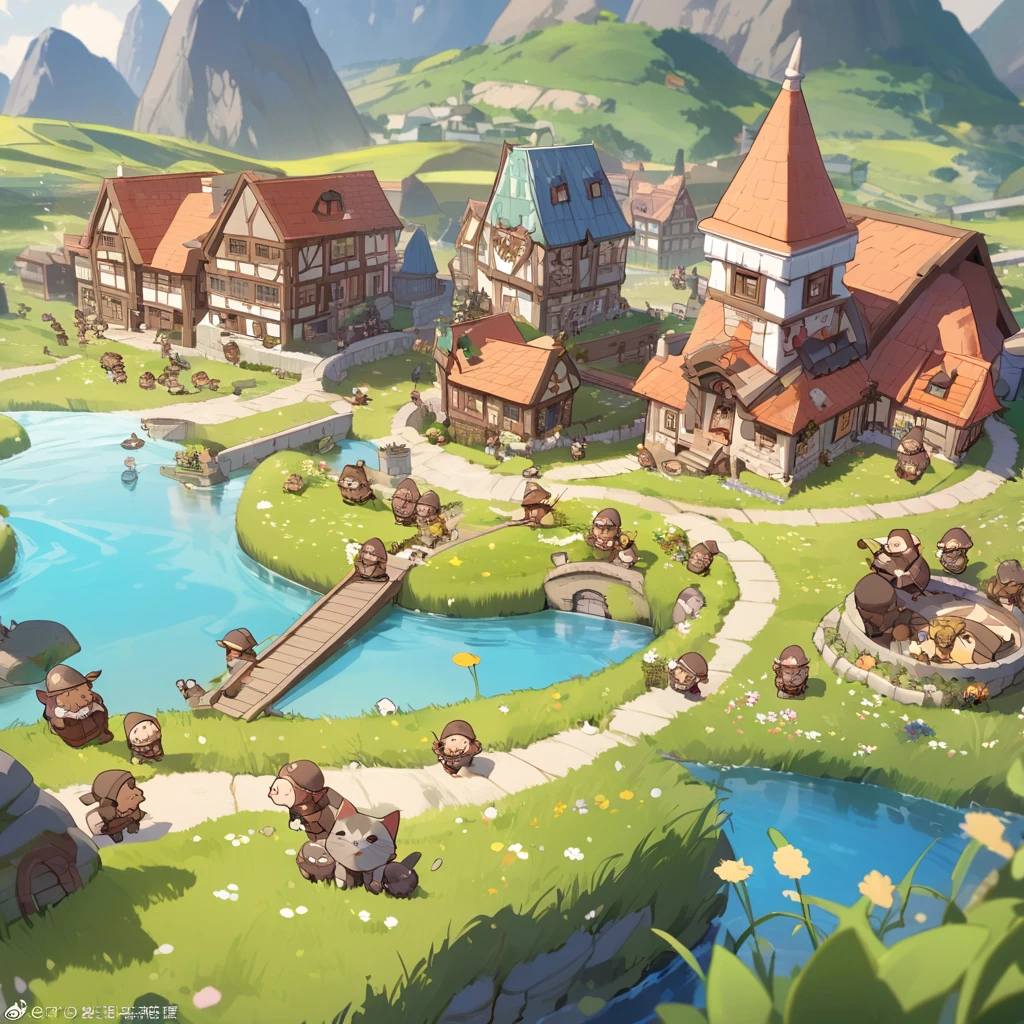 A scene in which a giant cat appears in a miniature town inhabited by dwarfs。The dwarves are looking up at the cat with expressions of surprise and excitement.。The cat is posing gracefully、It has an overwhelming presence in the world of little people.。In the background there are lush grasslands and flowers々Spread、The Little People's House々The bridge is depicted in great detail.。