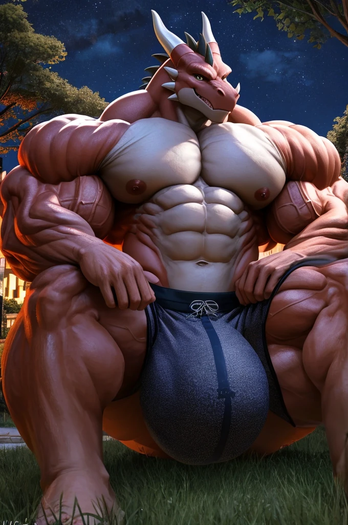 muscular anthro, dragon, big abs, ((hyper muscles, big muscles, boxers, big bulge, semen on body)), glossy body, realistic anime, smiling, park, sitting underneath tree, 4k, anatomically correct, masterpiece, best quality, nighttime, NSFW