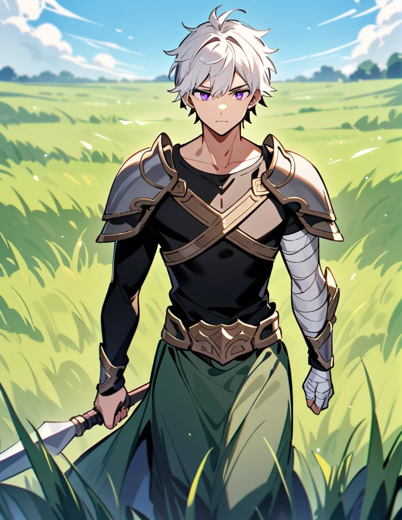 Greek boy with shoulder-length long white hair, violet eyes, one arm covered in bandages, equipped with a spear, wearing silver shoulder pads and a black shirt, walking in a field of green grass with an open blue sky