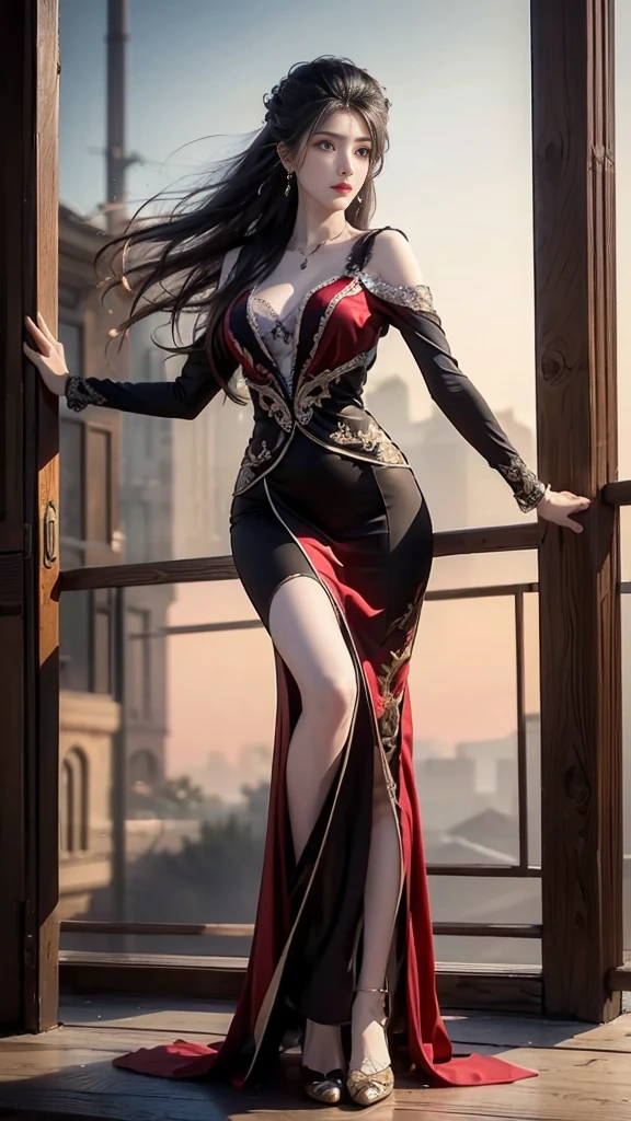 ((full body)), ((from below)), dark haired Russian,1girl,solo, ((Stand up, against the ledge)), ((Clear features, clear faces, clear faces)), red lips, makeup, close-up shot, elegant posture, enticing pose, perfect curves, slim, sexy, big breasts, cleavage, beautiful legs, mesmerizing gaze, biting lips, messy long hair, simple casual scene, extremely detailed, ultra-clear, best quality, official art, exquisite earrings, delicate necklace, extremely detailed description, super fine painting, exquisite features, Elegant, beautiful, hyperfine details, master works, authentic texture, cinematic lighting realism, Masterpiece, best quality