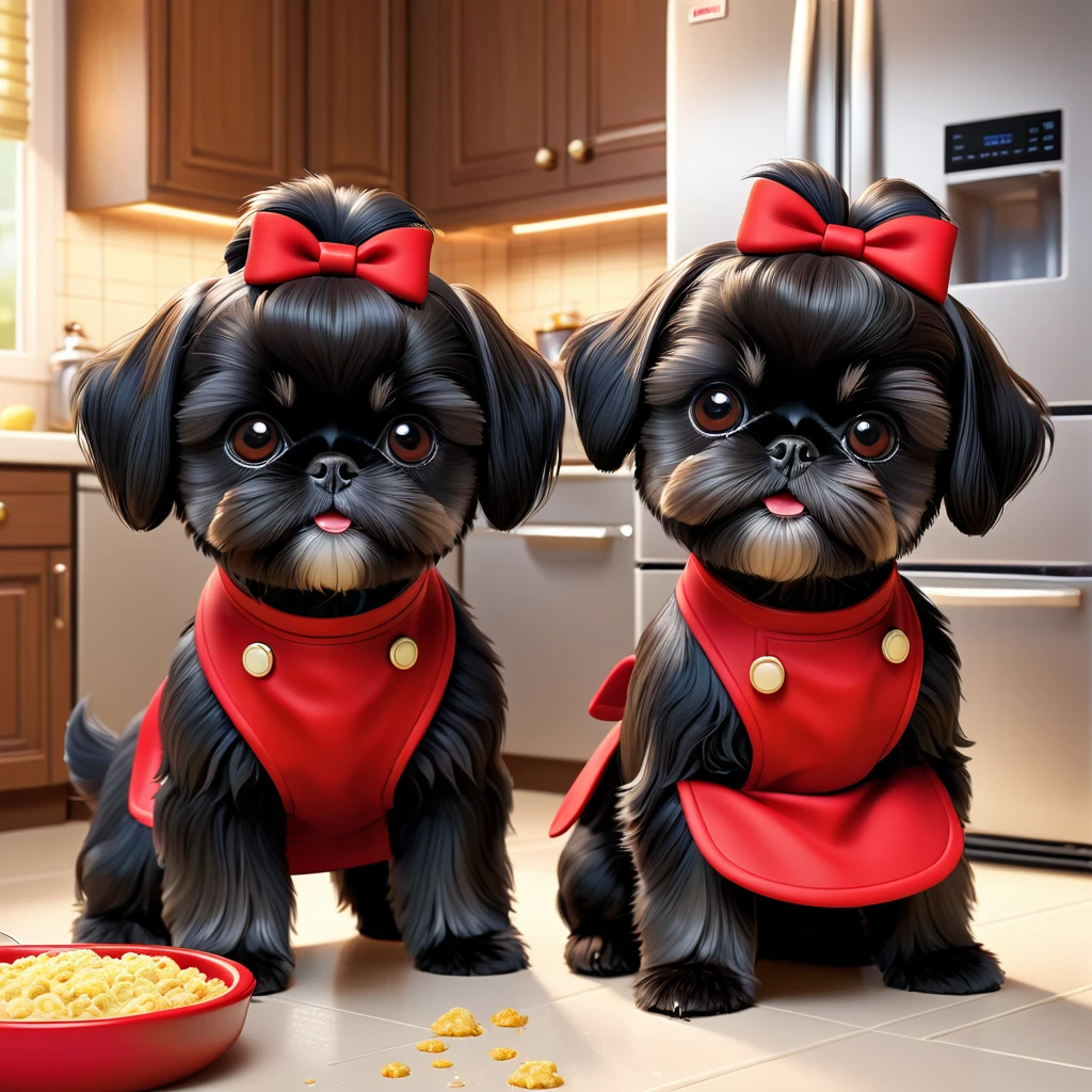 2 adorable small black shih tzu puppies wearing red collars and aprons,disney kitchen,3d cartoon,3d render,disney pixar style,refrigerator making food mess,extremely detailed,masterpiece,photorealistic,vibrant colors,warm lighting,cute,adorable,playful,mischievous