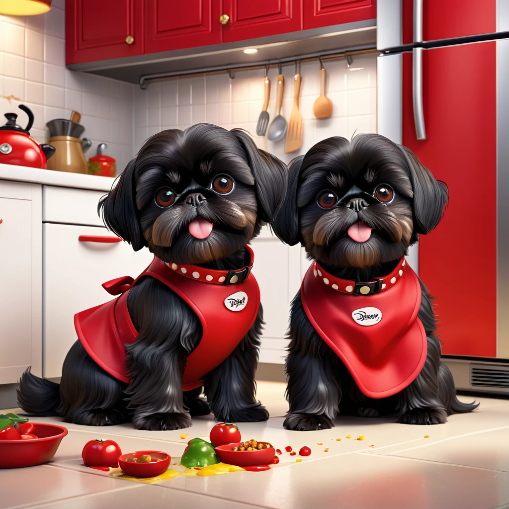 2 adorable small black shih tzu puppies wearing red collars and aprons,disney kitchen,3d cartoon,3d render,disney pixar style,refrigerator making food mess,extremely detailed,masterpiece,photorealistic,vibrant colors,warm lighting,cute,adorable,playful,mischievous