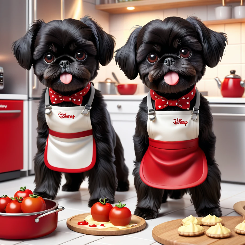 2 adorable small black shih tzu puppies wearing red collars and aprons,disney kitchen,3d cartoon,3d render,disney pixar style,refrigerator making food mess,extremely detailed,masterpiece,photorealistic,vibrant colors,warm lighting,cute,adorable,playful,mischievous