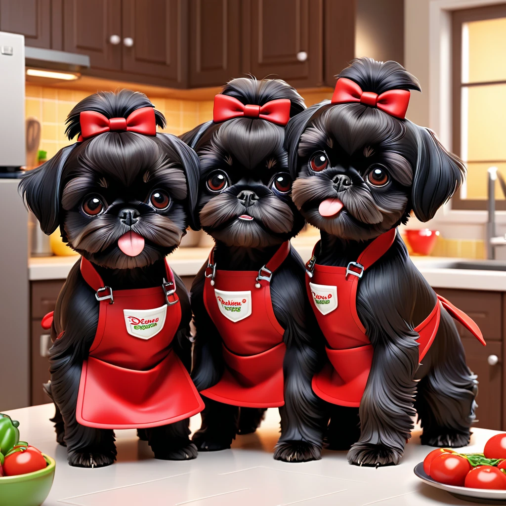 2 adorable small black shih tzu puppies wearing red collars and aprons,disney kitchen,3d cartoon,3d render,disney pixar style,refrigerator making food mess,extremely detailed,masterpiece,photorealistic,vibrant colors,warm lighting,cute,adorable,playful,mischievous